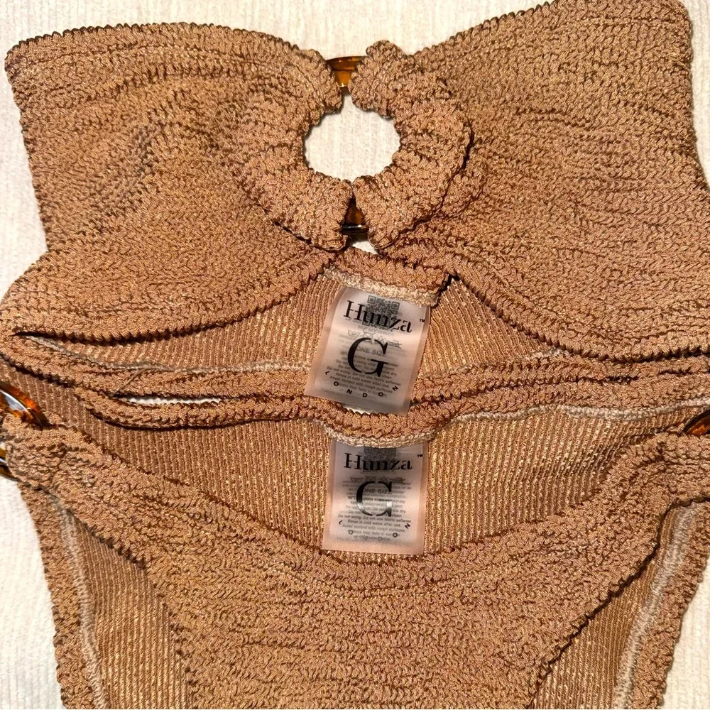 New Hunza G Gloria Bikini SET Metallic Cocoa Seersucker Bandeau Crinkle Tan Cute - Picture 4 of 12